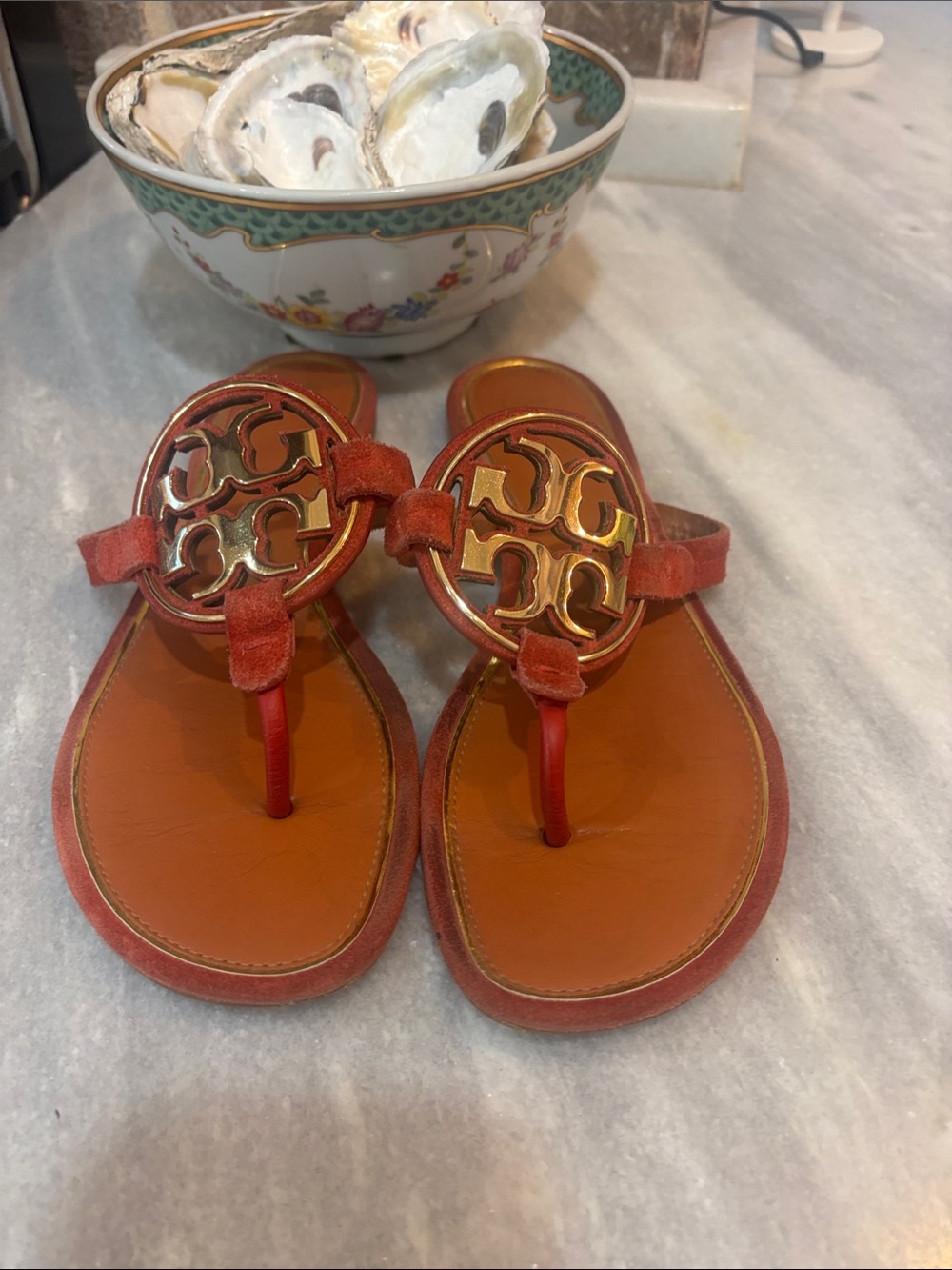 Tory Burch Red Suede Logo Thong Sandals with Gold Medallion